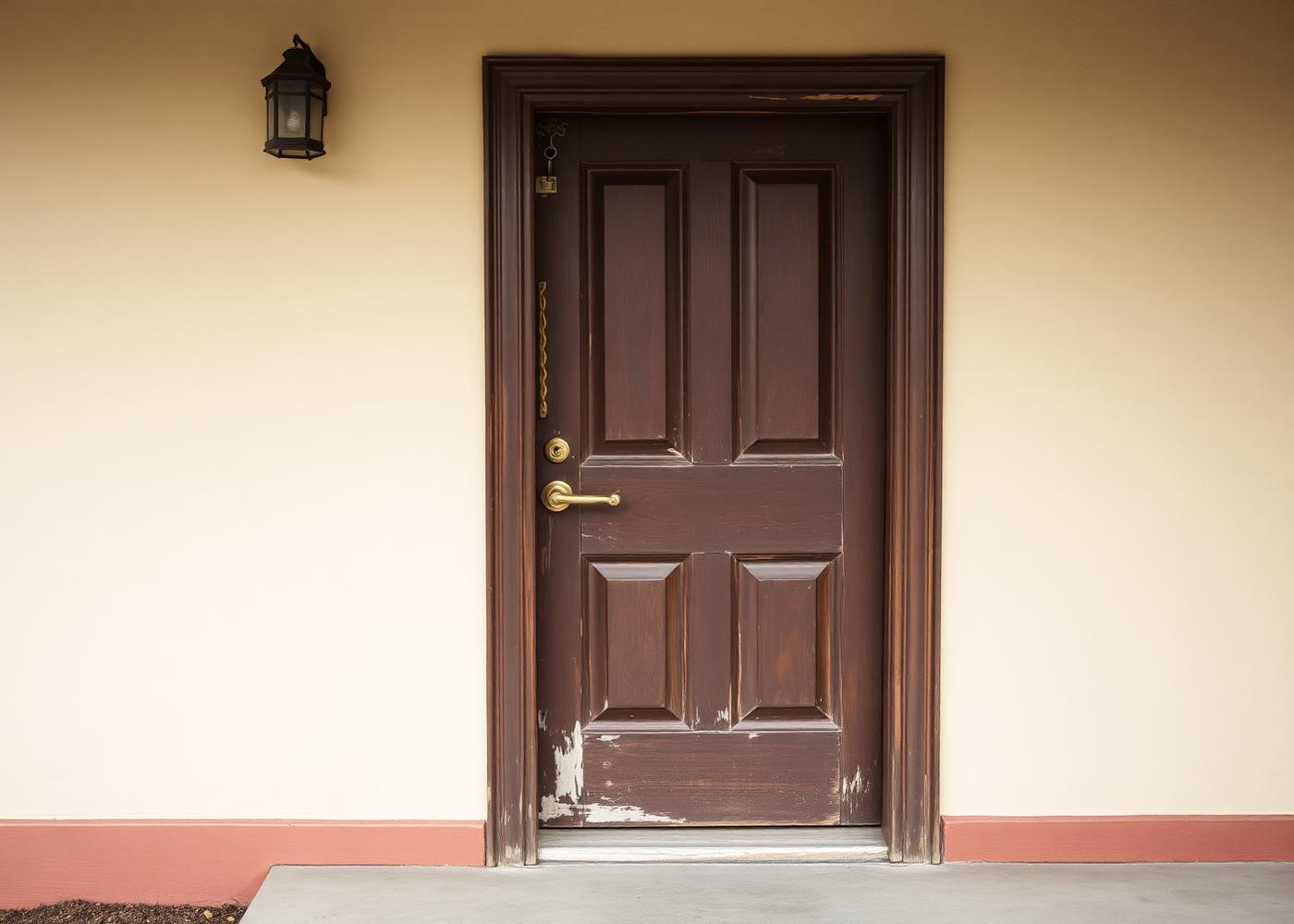 Entrada antes, com porta de madeira desgastada