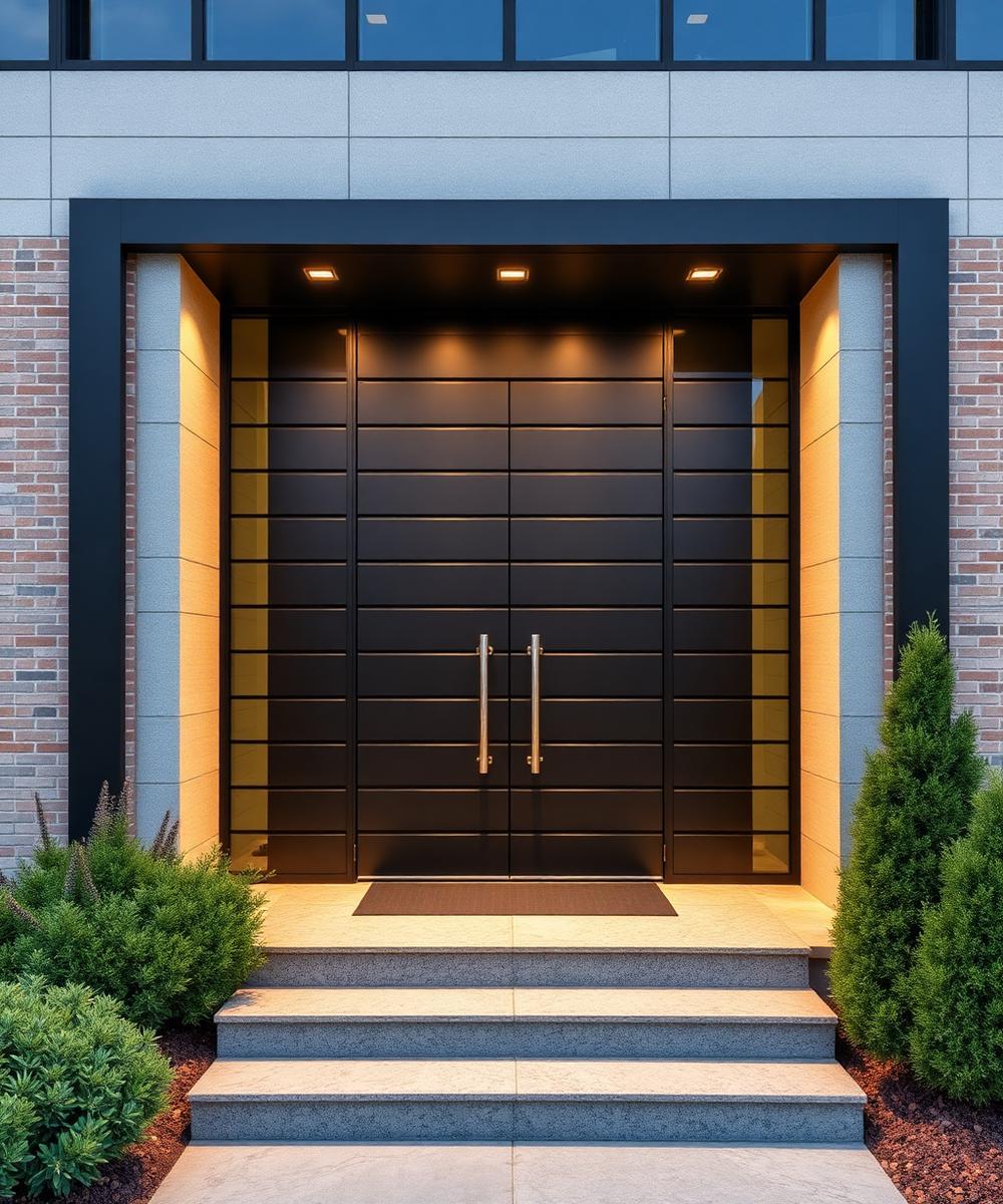 Porta externa em ACM escuro com frisos horizontais na entrada de um edifício comercial