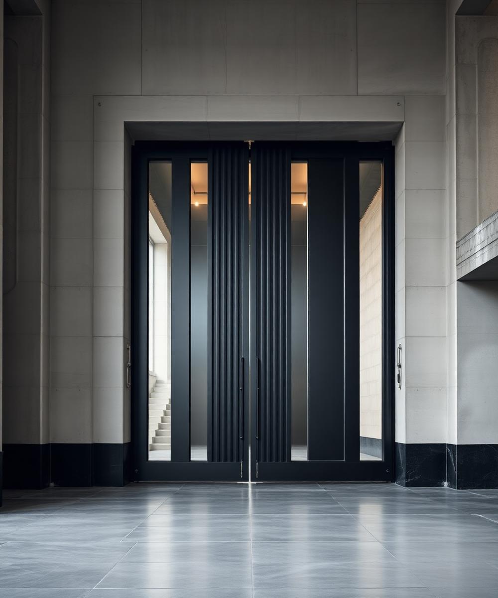 Porta monumental em ACM preto com frisos verticais em hall de pé-direito duplo