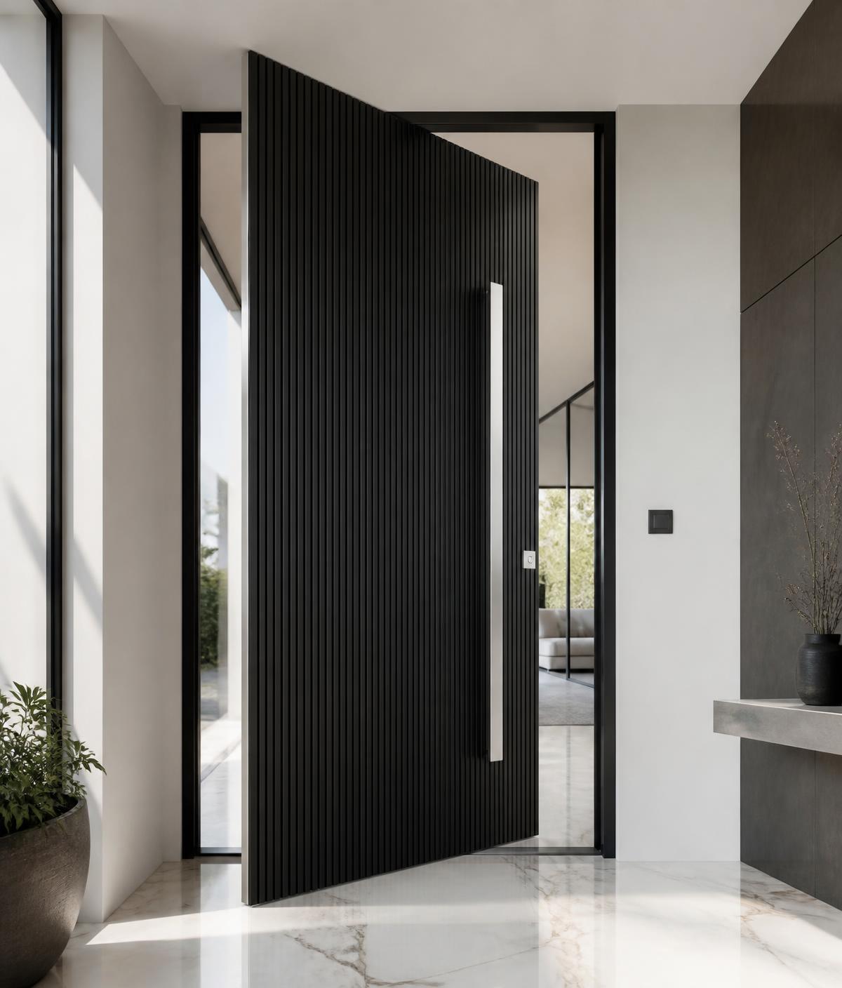 Porta pivotante ripada em ACM preto instalada em hall minimalista